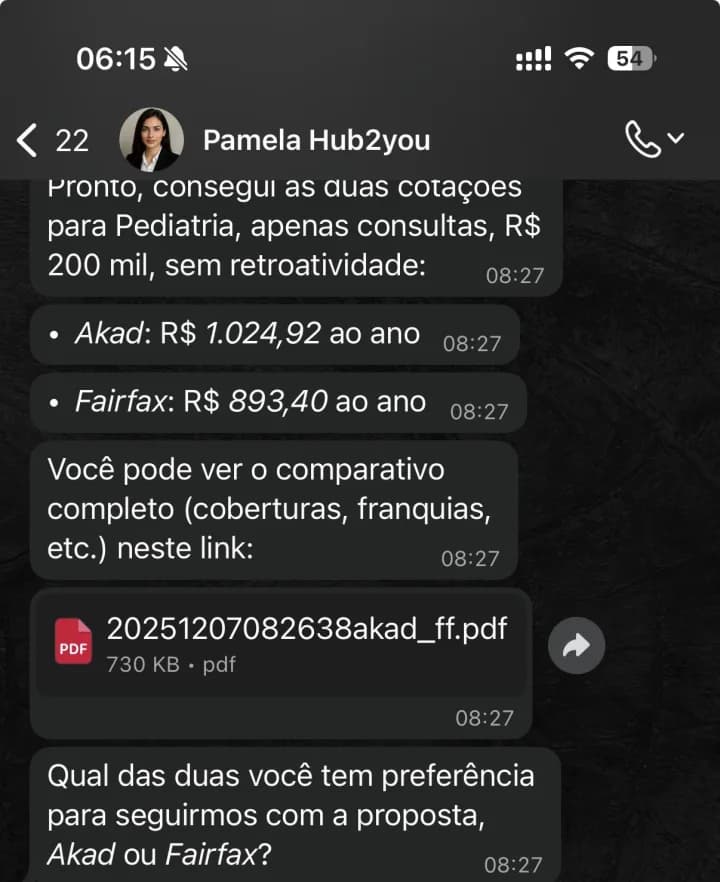 Conversa no WhatsApp com um agente da Hub2You enviando cotações