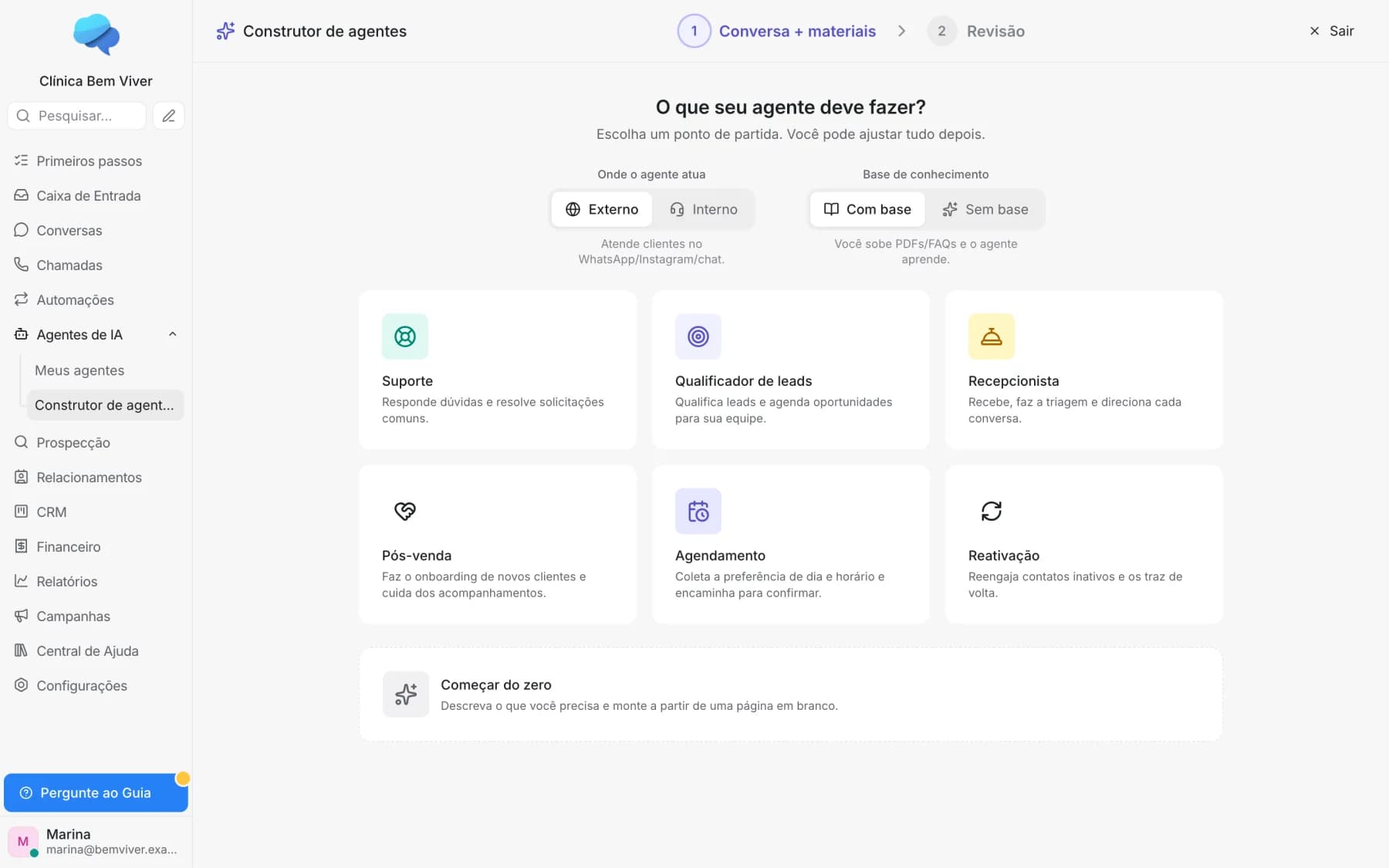 Tela do construtor de agentes com os modelos prontos
